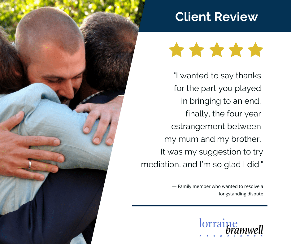 Photo By Lorraine Bramwell Associates: Son hugging parents. Context: Mediation Client Review