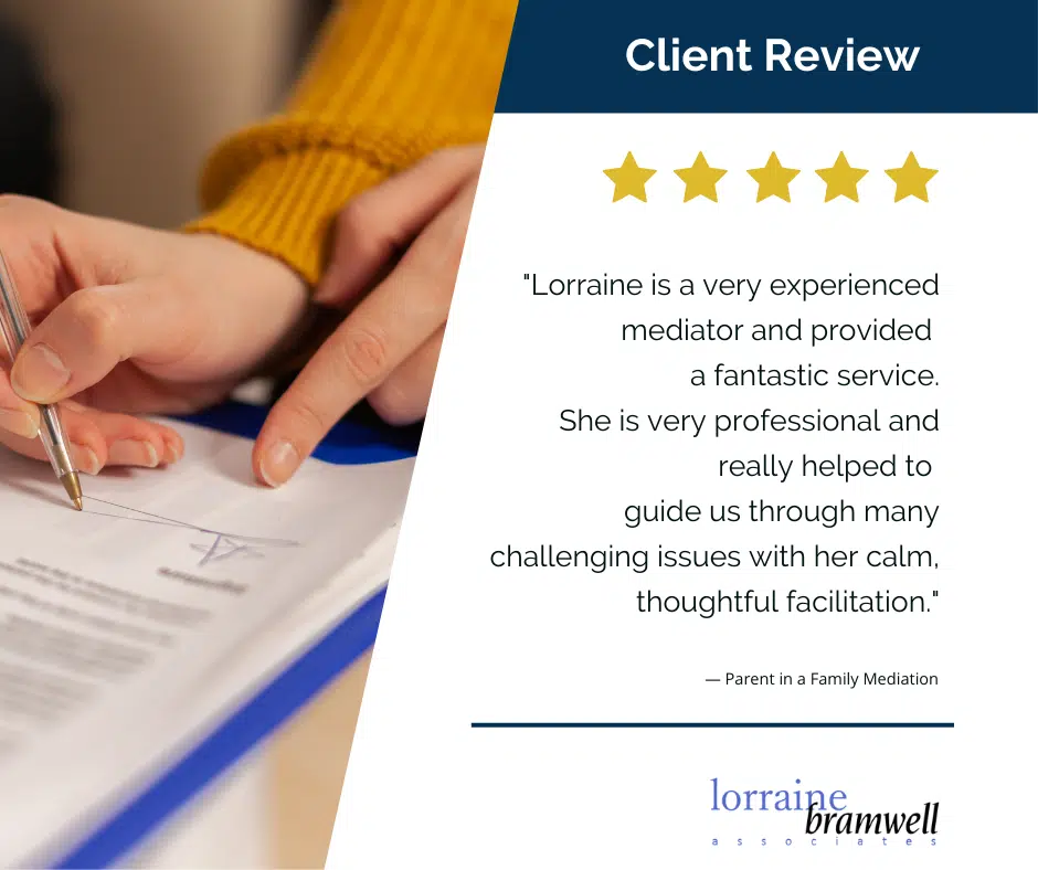 Photo By Lorraine Bramwell Associates: Woman signing an agreement. Context Mediation client review